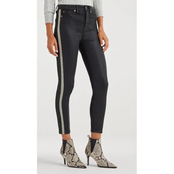 7 For All Mankind B(air) High Waist Ankle Skinny Side Stripe Coated Black Sz 24 - Picture 1 of 12